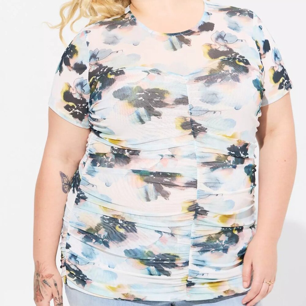 Torrid Top 1X 3X 4X - Floral Sheer Mesh Knit Ruched Crew Plus Size Shirt NWT